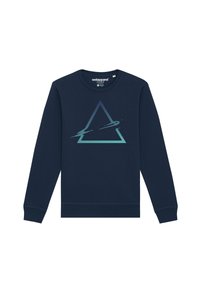 Sweatshirt bleu marine en coton. Présente un graphique géométrique en triangle en teal, un col rond et de longues manches avec des poignets côtelés.