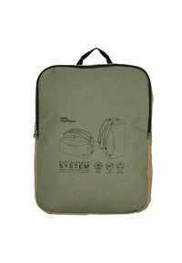 Zaino verde e beige con chiusura a zip, realizzato in fibre sintetiche riciclate, con illustrazioni e loghi sulla parte anteriore. Capacità di 85 litri.