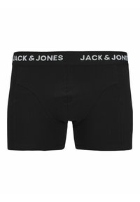 Fekete pamut boxernadrág szürke elasztikus derékkal, melyen vastag betűkkel szerepel a "JACK & JONES" felirat. Simára nyújtott felület, testhezálló fazon, minta nélküli.