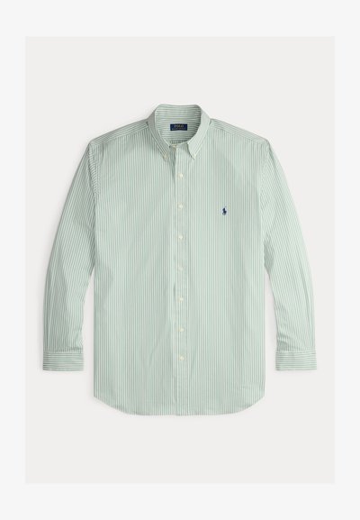 Svetlozelena in bela horizontalno prugasta dolga majica s dolgimi rokavi, z gumbi in ovratnikom, ter majhnim temnomodrimvezenjem logotipa na prsih.