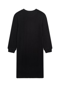 Schwarzes Strickkleid mit gerippter Textur, langen Ärmeln, rundem Ausschnitt und knielangem Schnitt, das eine lockere Passform bietet.