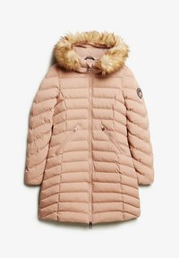 Piumino rosa chiaro con cappuccio in pelliccia sintetica. Caratterizzato da texture trapuntata, chiusura con zip anteriore e tasche laterali. Accentuato da una patch con logo.