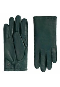 Guantes de cuero verde oscuro con una textura lisa, diseño ajustado y secciones de dedos definidas, que presentan costuras prominentes y un detalle de muñeca fruncido.