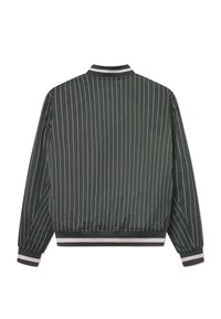 Green striped bomber jacket with elastic cuffs and hem. Features a high collar and contrasting white stripes along the edges.