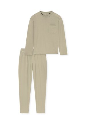 Beiges Langarmoberteil mit Brusttasche und passende Hosen mit elastischem Bund aus weichem Stoff, Set für Freizeitkleidung oder Schlafanzug.