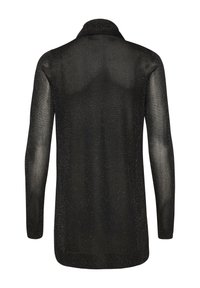 Svart långärmad cardigan av transparent, texturerad tyg med en subtil shimmer-effekt. Har en krage och rak skärning.