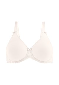 Soutien-gorge bianco in tessuto morbido, con coppe graduate, dettagli in pizzo alla base e spalline regolabili con piccoli ganci. Formato triangolare classico.