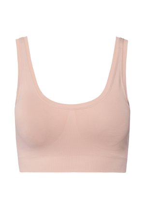 Hellrosa kabellose Bralette mit breiten Trägern. Glattes Material mit einem gerippten Band am unteren Ende. Minimalistisches Design, keine Hardware oder Verzierungen.