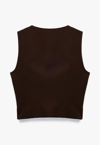 Braunes ärmelloses Oberteil mit einem enganliegenden Design, das subtile vertikale Nähte und eine glatte Textur aufweist. Keine sichtbaren Verschlüsse oder Muster.