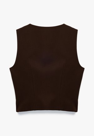 Top senza maniche marrone con un design aderente, caratterizzato da cuciture verticali sottili e una texture liscia. Nessuna chiusura o motivo visibile.