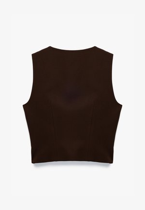 Top sans manches marron au design ajusté, avec des coutures verticales subtiles et une texture lisse. Pas de fermetures ni de motifs visibles.