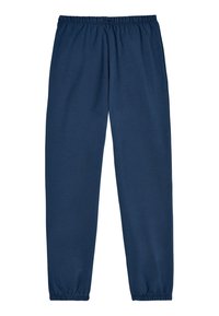 Marineblaue Sweatpants aus weichem Material, mit elastischem Bund und elastischen Bündchen an den Knöcheln. Einfaches Design, ohne Muster.