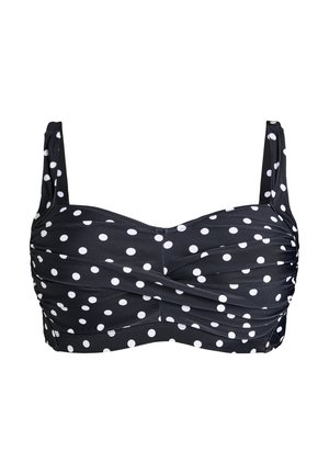 Crni bikini gornji dio s bijelim točkicama, naboranim prednjim dijelom i podesivim naramenicama na bijeloj pozadini.