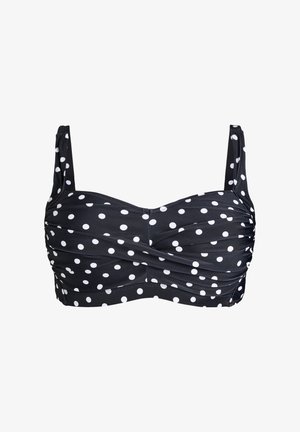 Mustvalge täpilise musta bikiinitopiga, esiküljel kortsus detailid ja reguleeritavad õlarihmad valgel taustal.