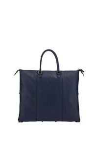 Borsa tote in pelle blu navy con manici superiori, chiusura con zip e finitura testurizzata sottile; presenta cuciture di accento e dettagli in metallo.