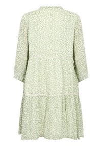 Rochie verde deschis, confecționată dintr-un material moale, cu un model floral. Dispune de un guler înalt, mâneci lungi și un tiv în straturi cu detalii din dantelă.