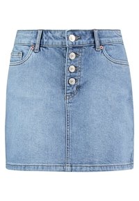 Džínová mini sukně v svetle modré barvě, vybavená pěticí knoflíků vpředu, dvěma bočními kapsami a rovný střih s viditelnými švy.