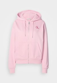 Felpa rosa con zip realizzata in morbido misto cotone, con tasca frontale, cappuccio con lacci e un piccolo logo sulla parte sinistra del petto.