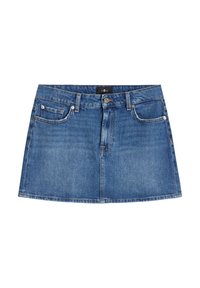 Jeans-Minirock in mittlerem Blau mit klassischem Schnitt, fünf Taschen, dezenten Steppnähten und einer einzelnen Knopfleiste vorne.