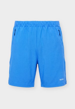 Niebieskie krótkie spodenki sportowe z elastycznym pasem, dwoma zapinanymi na zamek bocznymi kieszeniami i logo „BORG” na lewej nodze.