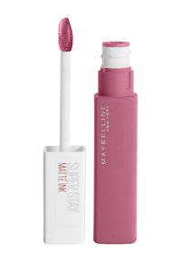 Maybelline Super Stay Matte Ink Lippenfarbe in einem rosa Tubus mit einem weißen Applikator. Glatte, matte Oberfläche; verfügt über einen schmal zulaufenden, samtigen Applikator.