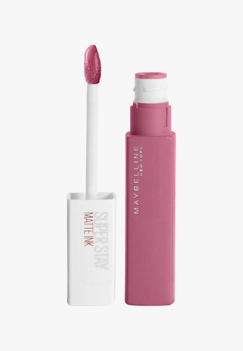 Maybelline Super Stay Matte Ink Lippenfarbe in einem rosa Tubus mit einem weißen Applikator. Glatte, matte Oberfläche; verfügt über einen schmal zulaufenden, samtigen Applikator.