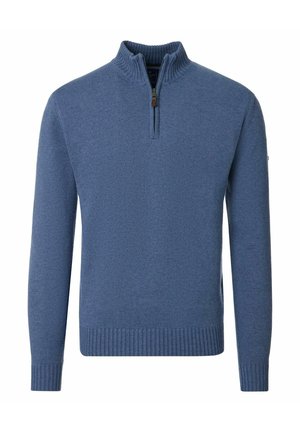 Niebieski sweter dziany z długim rękawem, z prążkowanymi mankietami i obrzeżem, wyposażony w kołnierz na zamek trzy czwarte z ozdobnym skórzanym suwakiem.