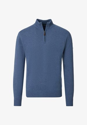 Niebieski sweter dziany z długim rękawem, z prążkowanymi mankietami i obrzeżem, wyposażony w kołnierz na zamek trzy czwarte z ozdobnym skórzanym suwakiem.