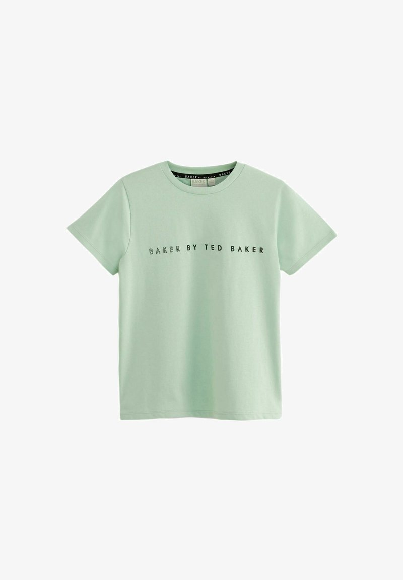 Camiseta verde menta de algodón, con cuello redondo, mangas cortas y texto negro que dice "BAKER BY TED BAKER" en el frontal.
