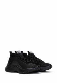 Black athletic shoes featuring a mesh upper, textured accents, a cushioned sole, and a reflective panel at the tongue.