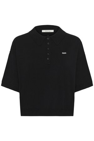 Polo nera con scollo a collo, maniche corte, patta con cinque bottoni e piccolo logo ricamato sul petto. Tessuto dalla trama liscia.