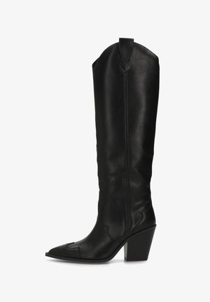 Botas de cuero negro hasta la rodilla con punta afilada, tacón inclinado y costuras decorativas en el eje. Textura suave con un diseño sin costuras.