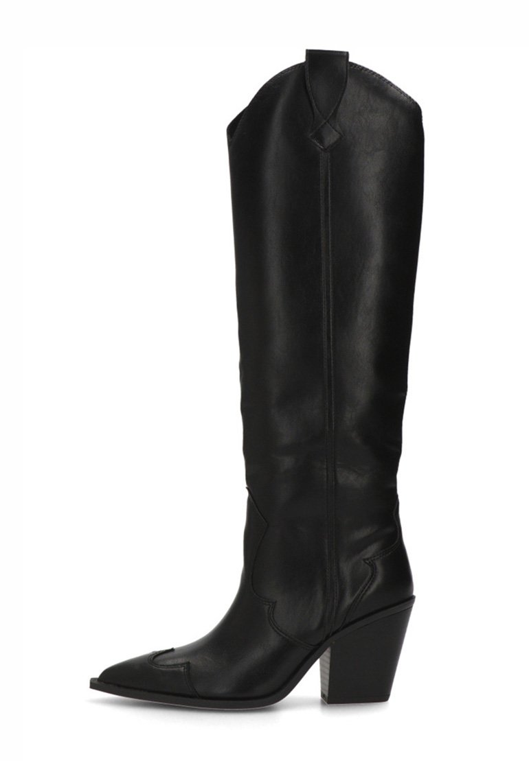 Botas de cuero negro hasta la rodilla con punta afilada, tacón inclinado y costuras decorativas en el eje. Textura suave con un diseño sin costuras.