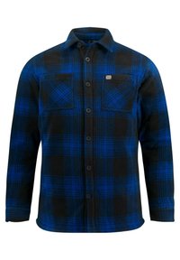Zwart en blauw geruite flanellen blouse met een kraag, twee borstzakken en knoopsluitingen, met een zachte textuur en een gebogen zoom.