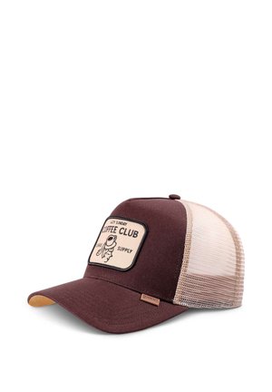 Brown and beige mesh trucker cap with a "Coffee Club" patch featuring a coffee cup and "Lazy Sunday" text on the front.