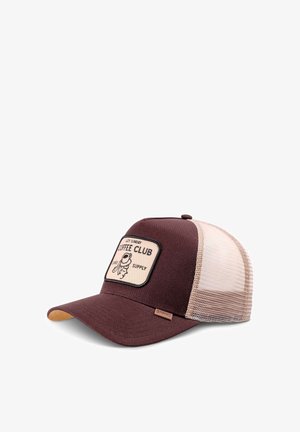 Brown and beige mesh trucker cap with a "Coffee Club" patch featuring a coffee cup and "Lazy Sunday" text on the front.