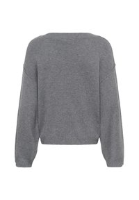 Suéter gris recortado con un corte relajado, mangas anchas, escote acanalado y textura de punto suave. Sin patrones visibles ni detalles metálicos.