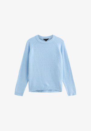 Maglione di maglia azzurro chiaro con scollo rotondo, maniche lunghe a raglan, polsini e orlo a costine, texture morbida e vestibilità rilassata.