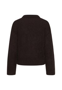 Melnas adītas džemperis ar cropped dizainu, garām piedurknēm un teksturētu apdari. Apaļa kakla izgriezums bez redzamai aparatūras detaļām.