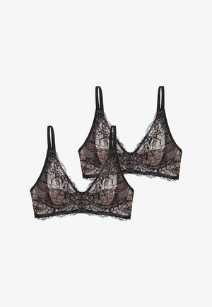 To sorte blonderbraletter med blomsterprint, justerbare stropper og gennemskinneligt mesh med bølgekant for ekstra detalje.