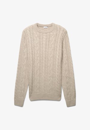 Pull en maille torsadée beige avec un col rond, des manches longues et des motifs texturés sur l'ensemble. Tissu doux avec des poignets et un ourlet côtelés.