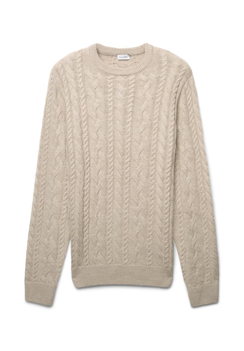 Maglione beige a trama cable-knit con collo rotondo, maniche lunghe e motivi testurizzati in tutto il capo. Tessuto morbido con polsini e orlo a costine.