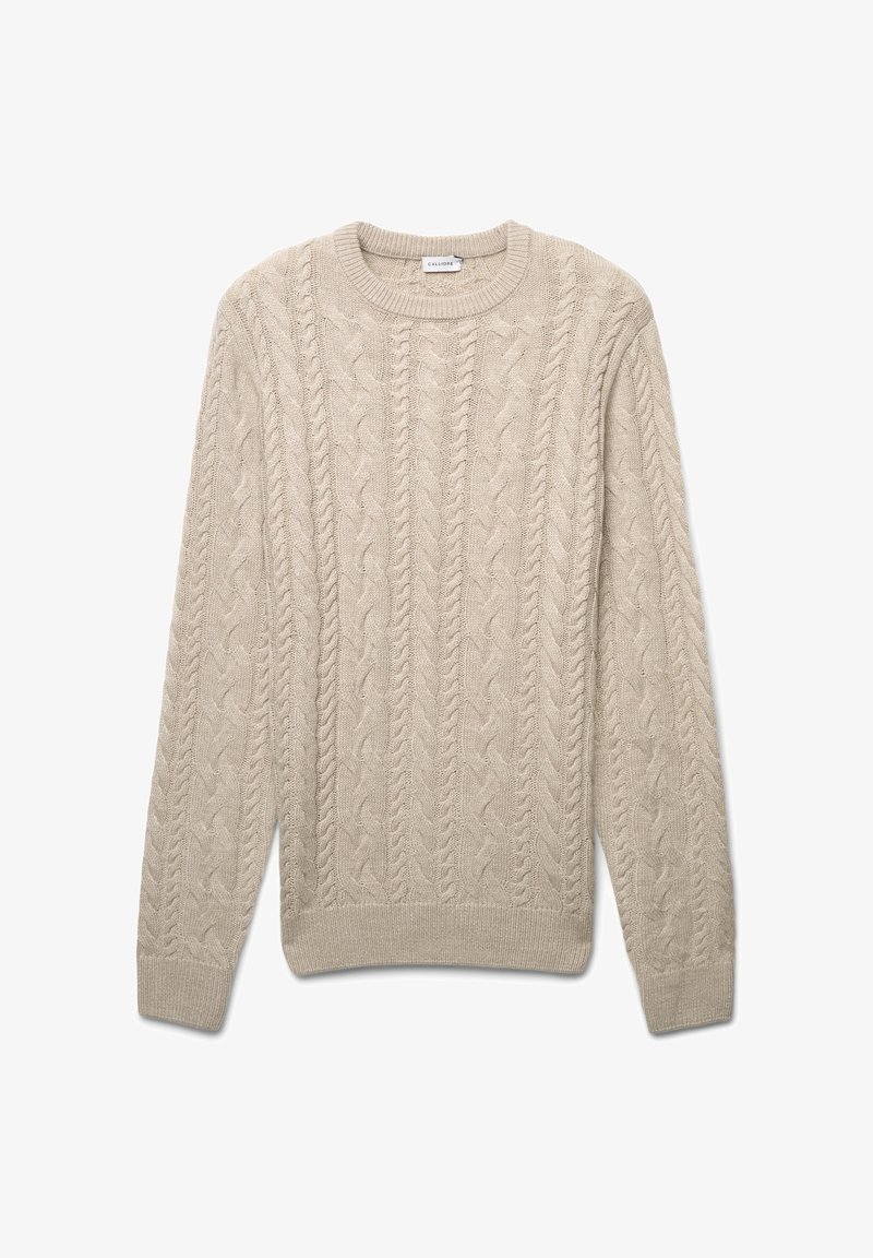 Maglione beige a trama cable-knit con collo rotondo, maniche lunghe e motivi testurizzati in tutto il capo. Tessuto morbido con polsini e orlo a costine.