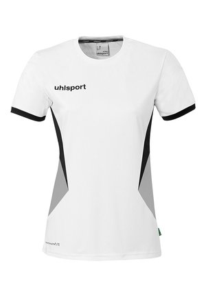 Hvid sports T-shirt med korte ærmer, sorte og grå sidepaneler, sorte ærmekanter og "uhlsport" logo på brystet, design til kvinder.