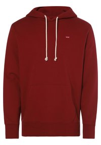 Sweat à capuche Levi's marron avec cordons blancs, poche kangourou et petite écusson logo sur la poitrine.