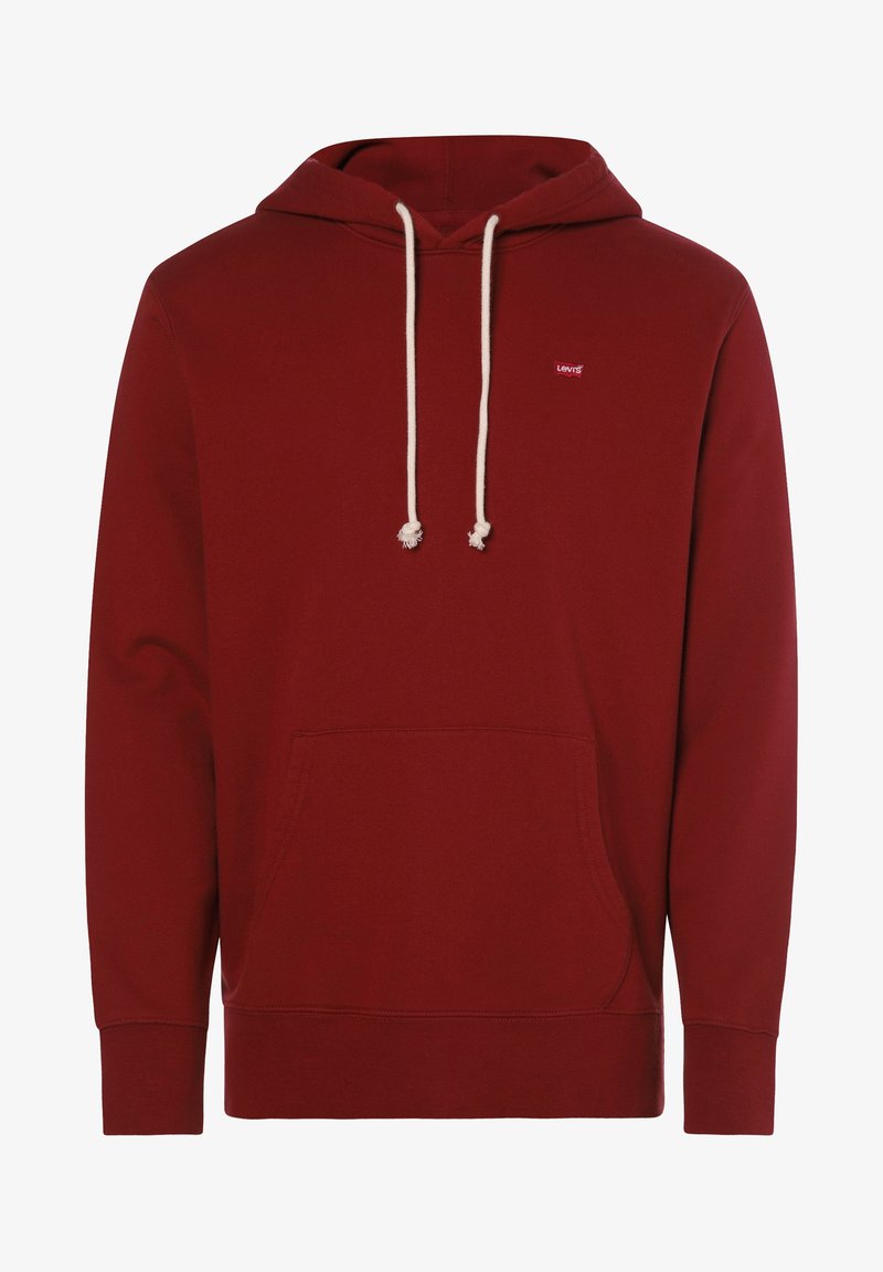 Sweat à capuche Levi's marron avec cordons blancs, poche kangourou et petite écusson logo sur la poitrine.