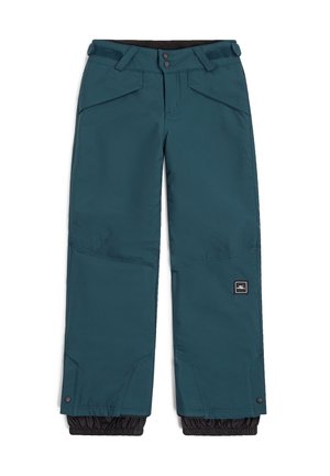 Pantalons de neige turquoise en tissu lisse, avec des poignets élastiques et des poches latérales. Comprend une taille réglable et un petit patch logo.