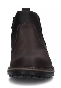 Stivaletti in pelle marrone con texture liscia, pannelli elastici laterali e suola in gomma con un motivo a battistrada per una buona aderenza.