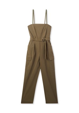 Jumpsuit verde oliva con spalline sottili, corpino aderente, gambe larghe e due tasche cargo frontali. Caratterizzato da una cintura con dettaglio a fibbia.