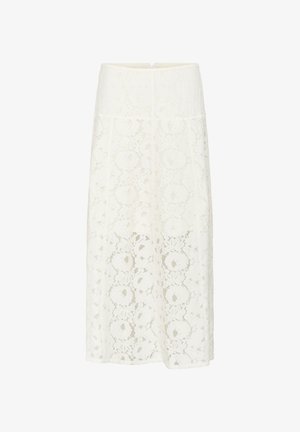 Vit spets midi kjol med blommönster, en figursydd midja och en rak silhuett med en bakre klyfta för rörelsefrihet.